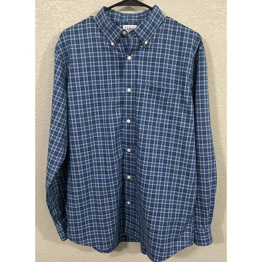 LL Bean Shirt Men's Medium Blue Checkered Wrinkle Resistant Button Down